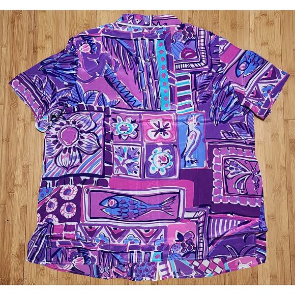 Bob Mackie Wearable Art Silk Shirt Purple Pink Cat Parrot Monkey Print 1X PLUS - Picture 6 of 10